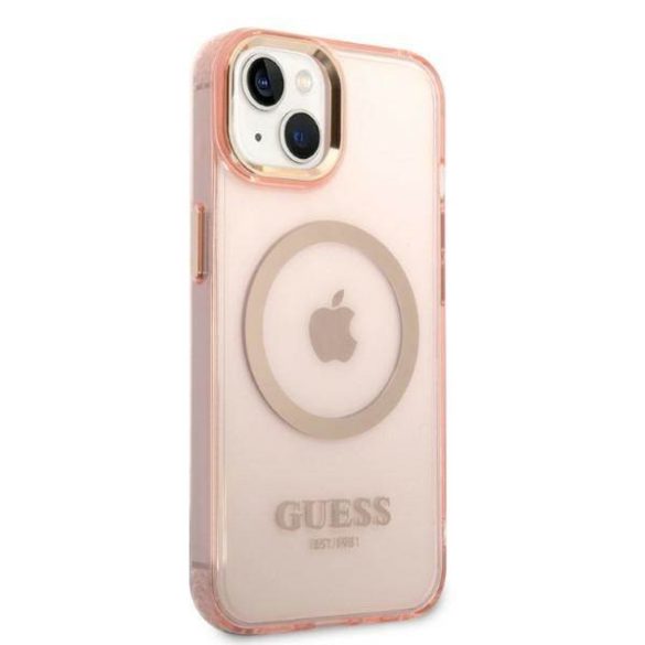 Guess GUHMP14MHTCMP iPhone 14 Plus / 15 Plus 6.7" rózsaszín keménytok arany kontúrú, áttetsző MagSafe áttetsző tok