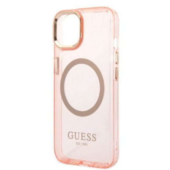 Guess GUHMP14MHTCMP iPhone 14 Plus / 15 Plus 6.7" rózsaszín keménytok arany kontúrú, áttetsző MagSafe áttetsző tok
