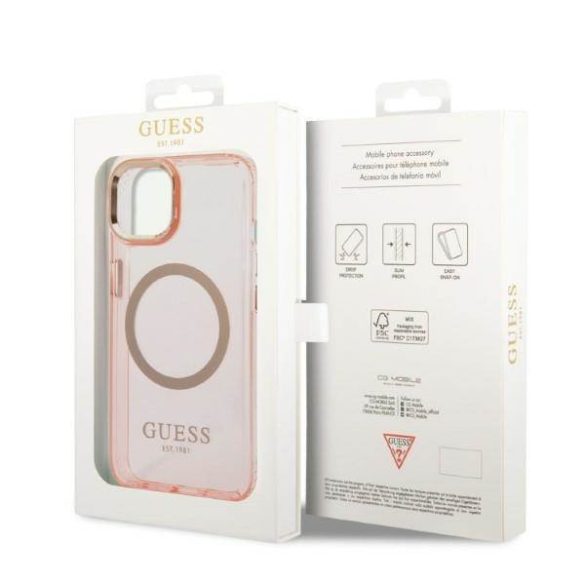 Guess GUHMP14MHTCMP iPhone 14 Plus / 15 Plus 6.7" rózsaszín keménytok arany kontúrú, áttetsző MagSafe áttetsző tok