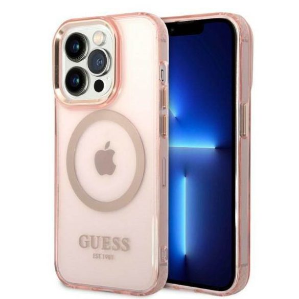 Guess GUHMP14LHTCMP iPhone 14 Pro 6,1" rózsaszín áttetsző Magsafe keménytok arany kontúrral