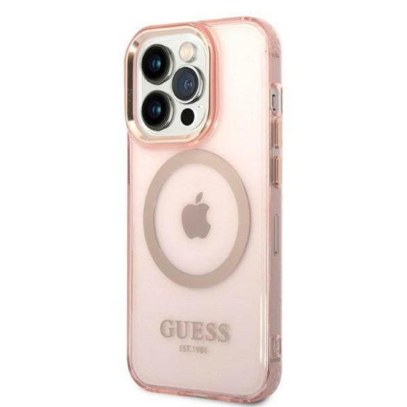 Guess GUHMP14LHTCMP iPhone 14 Pro 6,1" rózsaszín áttetsző Magsafe keménytok arany kontúrral