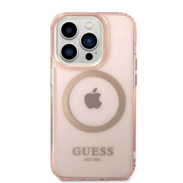 Guess GUHMP14LHTCMP iPhone 14 Pro 6,1" rózsaszín áttetsző Magsafe keménytok arany kontúrral