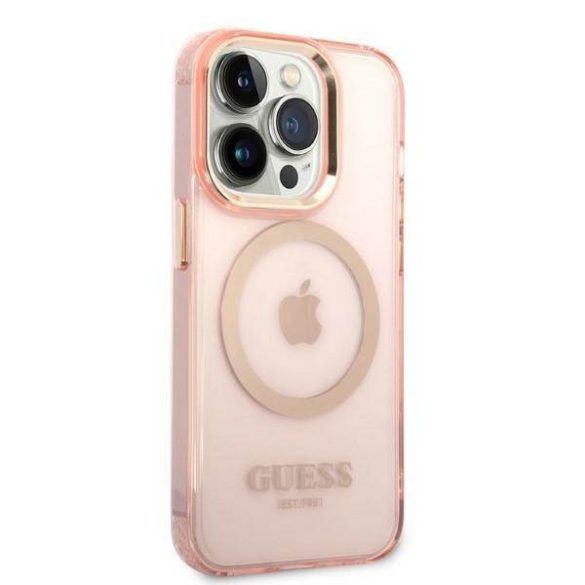 Guess GUHMP14LHTCMP iPhone 14 Pro 6,1" rózsaszín áttetsző Magsafe keménytok arany kontúrral