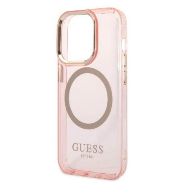 Guess GUHMP14LHTCMP iPhone 14 Pro 6,1" rózsaszín áttetsző Magsafe keménytok arany kontúrral