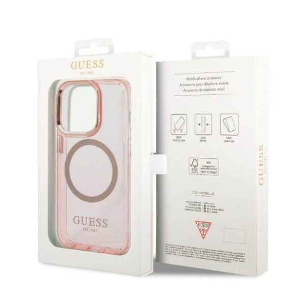 Guess GUHMP14LHTCMP iPhone 14 Pro 6,1" rózsaszín áttetsző Magsafe keménytok arany kontúrral