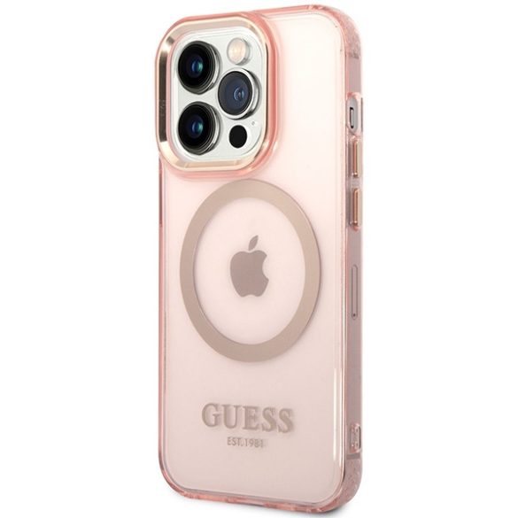 Guess GUHMP14XHTCMP iPhone 14 Pro Max 6,7" rózsaszín keménytok  arany kontúrú, áttetsző MagSafe áttetsző