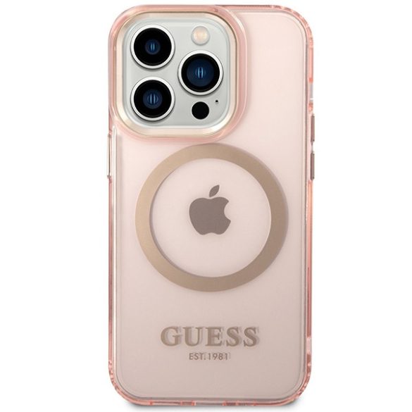 Guess GUHMP14XHTCMP iPhone 14 Pro Max 6,7" rózsaszín keménytok  arany kontúrú, áttetsző MagSafe áttetsző