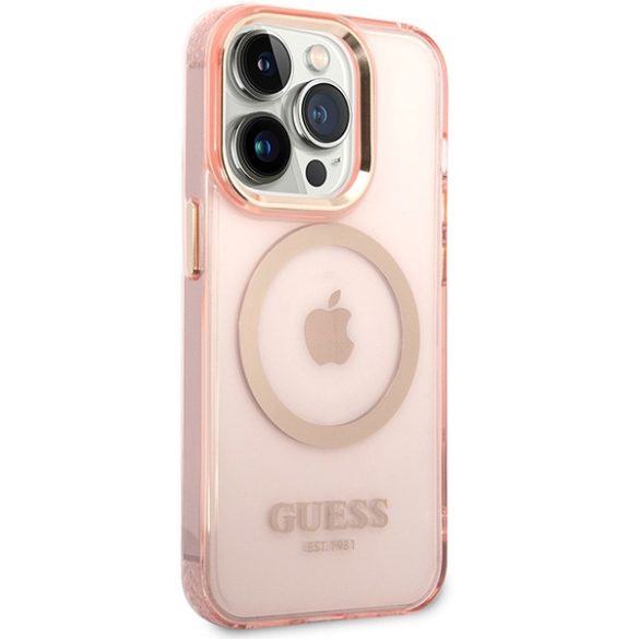 Guess GUHMP14XHTCMP iPhone 14 Pro Max 6,7" rózsaszín keménytok  arany kontúrú, áttetsző MagSafe áttetsző