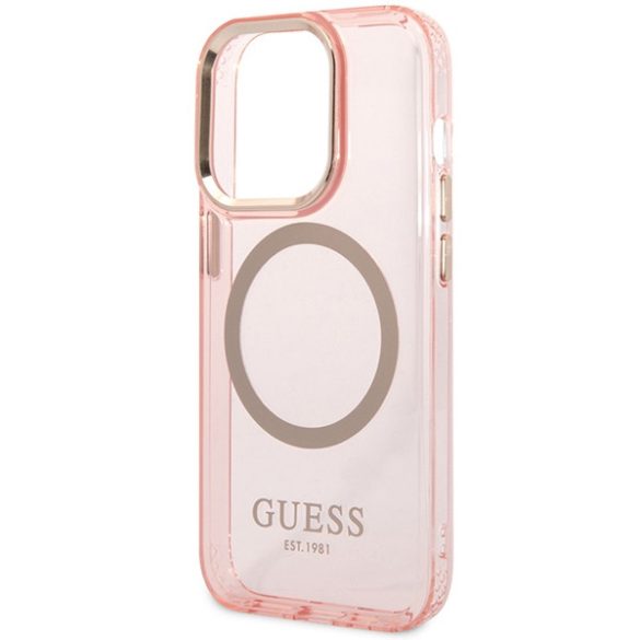 Guess GUHMP14XHTCMP iPhone 14 Pro Max 6,7" rózsaszín keménytok  arany kontúrú, áttetsző MagSafe áttetsző