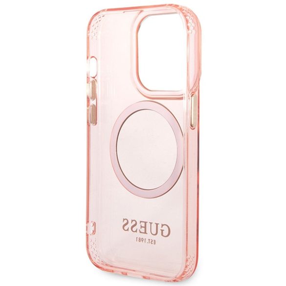 Guess GUHMP14XHTCMP iPhone 14 Pro Max 6,7" rózsaszín keménytok  arany kontúrú, áttetsző MagSafe áttetsző