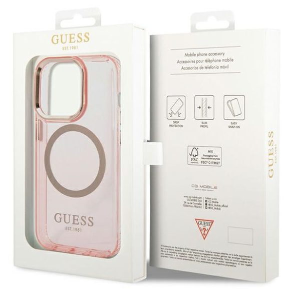 Guess GUHMP14XHTCMP iPhone 14 Pro Max 6,7" rózsaszín keménytok  arany kontúrú, áttetsző MagSafe áttetsző