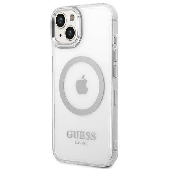 Guess GUHMP14SHTRMS iPhone 14 / 15 / 13 6.1" ezüst keménytok Fém körvonalú Magsafe tok
