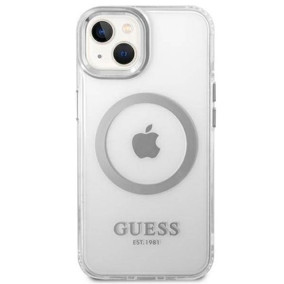 Guess GUHMP14SHTRMS iPhone 14 / 15 / 13 6.1" ezüst keménytok Fém körvonalú Magsafe tok