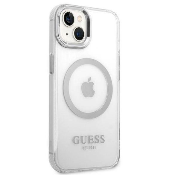 Guess GUHMP14SHTRMS iPhone 14 / 15 / 13 6.1" ezüst keménytok Fém körvonalú Magsafe tok