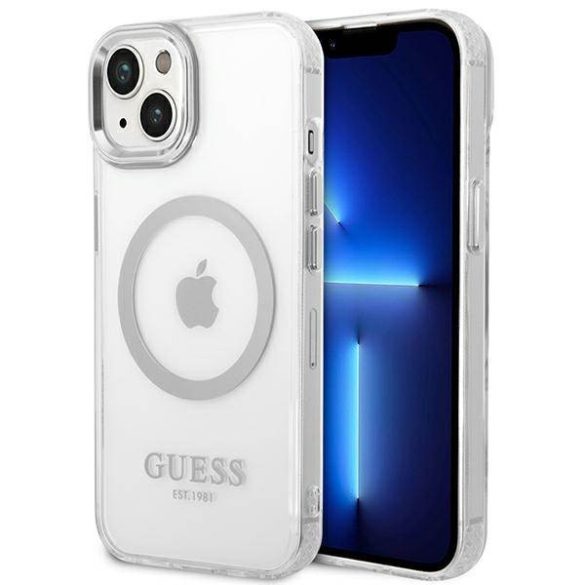 Guess GUHMP14MHTRMS iPhone 14 Plus / 15 Plus 6.7" ezüst keménytok Fém körvonalú Magsafe tok