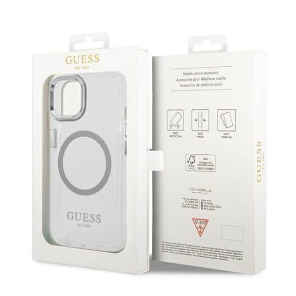 Guess GUHMP14MHTRMS iPhone 14 Plus / 15 Plus 6.7" ezüst keménytok Fém körvonalú Magsafe tok