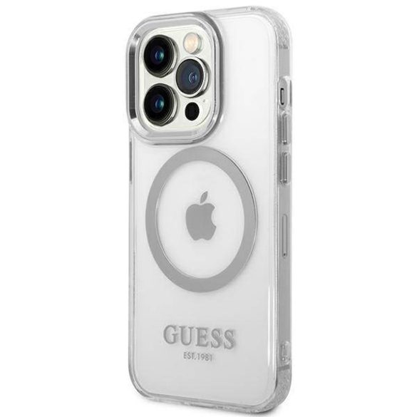 Guess GUHMP14LHTRMS iPhone 14 Pro 6,1" ezüst keménytok fémkontúrú Magsafe tok