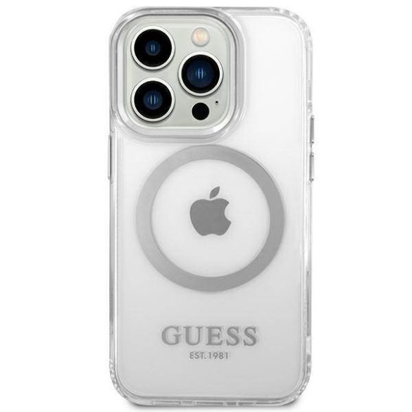 Guess GUHMP14LHTRMS iPhone 14 Pro 6,1" ezüst keménytok fémkontúrú Magsafe tok