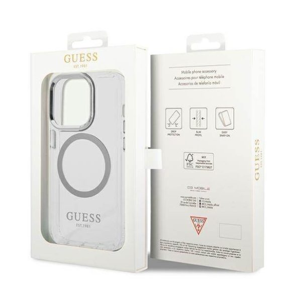 Guess GUHMP14LHTRMS iPhone 14 Pro 6,1" ezüst keménytok fémkontúrú Magsafe tok