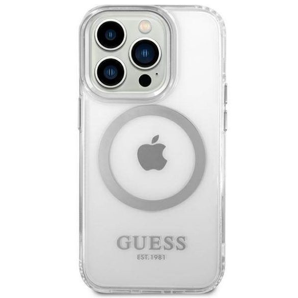 Guess GUHMP14XHTRMS iPhone 14 Pro Max 6,7" ezüst keménytok fémkontúrú Magsafe tok