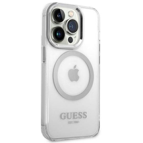 Guess GUHMP14XHTRMS iPhone 14 Pro Max 6,7" ezüst keménytok fémkontúrú Magsafe tok