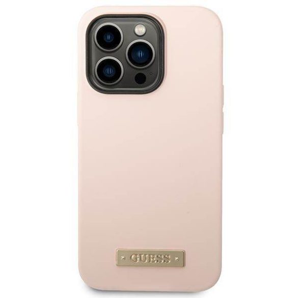 Guess GUHMP14XSBPLP iPhone 14 Pro Max 6,7" rózsaszín szilikon Logo Plate MagSafe keménytok