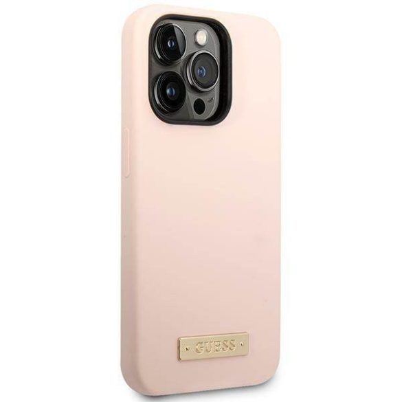 Guess GUHMP14XSBPLP iPhone 14 Pro Max 6,7" rózsaszín szilikon Logo Plate MagSafe keménytok