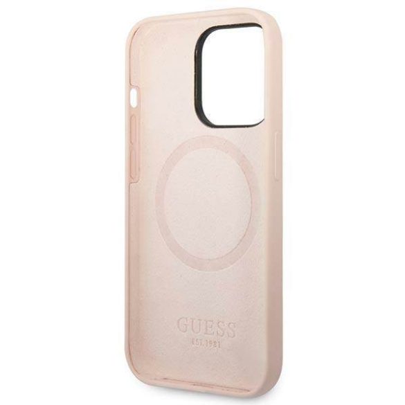 Guess GUHMP14XSBPLP iPhone 14 Pro Max 6,7" rózsaszín szilikon Logo Plate MagSafe keménytok