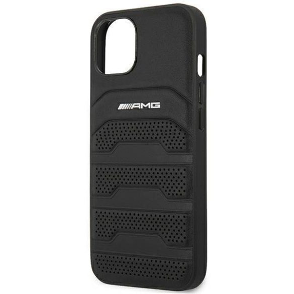 AMG AMHCP14MGSEBK iPhone 14 Plus / 15 Plus 6.7" fekete keménytok bőr dombornyomott vonalakkal