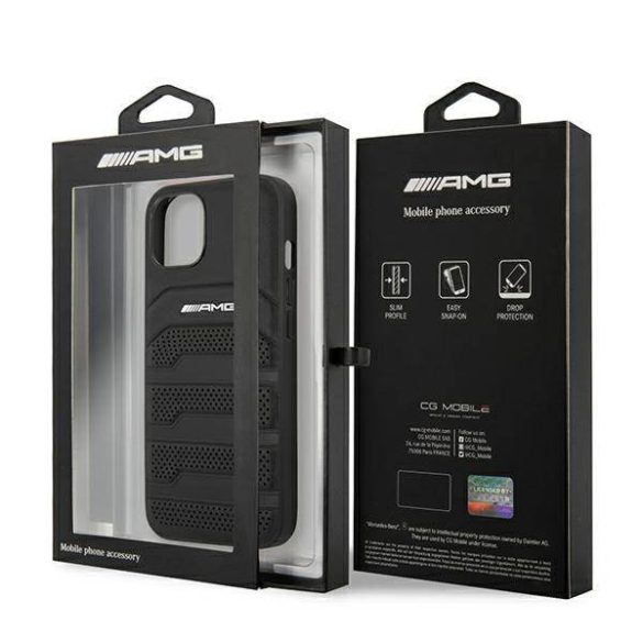 AMG AMHCP14MGSEBK iPhone 14 Plus / 15 Plus 6.7" fekete keménytok bőr dombornyomott vonalakkal