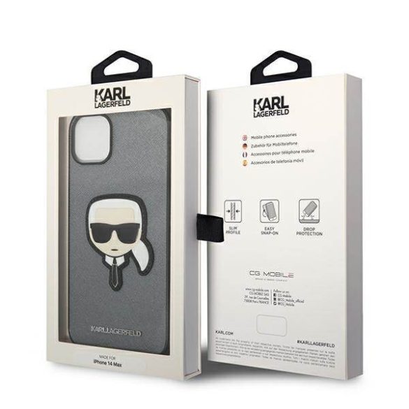 Karl Lagerfeld KLHCP14SSAPKHG iPhone 14 / 15 / 13 6,1" ezüst keménytok Saffiano Karl's Head Patch Saffiano