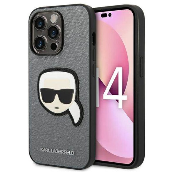 Karl Lagerfeld KLHCP14XSAPKHG iPhone 14 Pro Max 6,7" ezüst keménytok Saffiano Karl Lagerfeld fej Patch tok