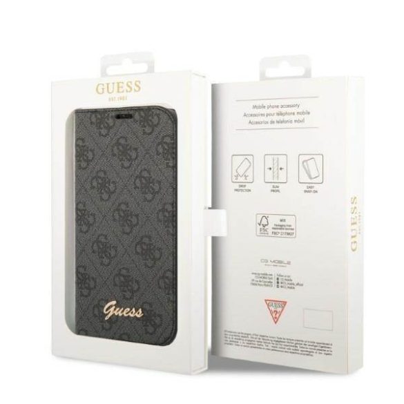 Guess GUBKP14SHG4SHK iPhone 14 / 15 / 13 6.1" fekete könyvtok 4G szüreti arany logóval