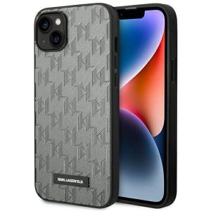 Karl Lagerfeld KLHCP14SSAKLHPG iPhone 14 6,1" keménytok szürke szafiano mono fém logóval