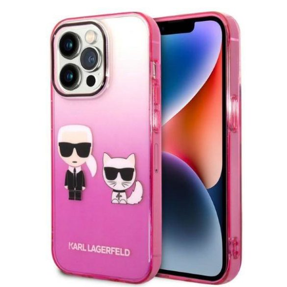 Karl Lagerfeld KLHCP14LTGKCP iPhone 14 Pro 6,1" keménytok rózsaszín színátmenetes ikonikus Karl & Choupette tok