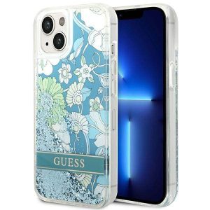 Guess GUHCP14SLFLSN iPhone 14 / 15 / 13 6.1" zöld keménytok Flower Liquid Glitter