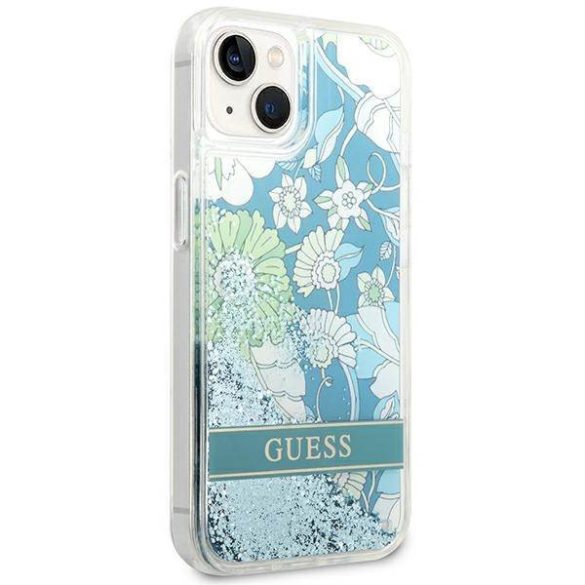 Guess GUHCP14SLFLSN iPhone 14 / 15 / 13 6.1" zöld keménytok Flower Liquid Glitter