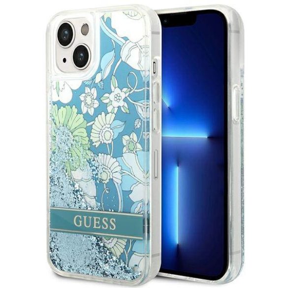 Guess GUHCP14MLFLSN iPhone 14 Plus / 15 Plus 6.7" zöld keménytok Flower Liquid Glitter