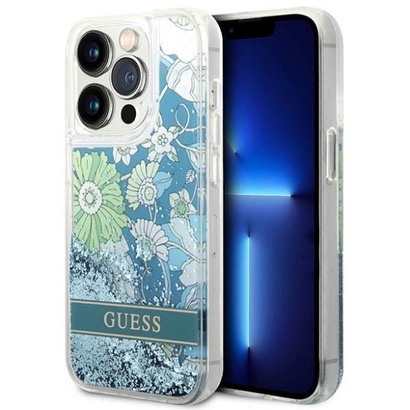 Guess GUHCP14LLFLSN iPhone 14 Pro 6,1" zöld virág folyékony csillogó kristályos keménytok