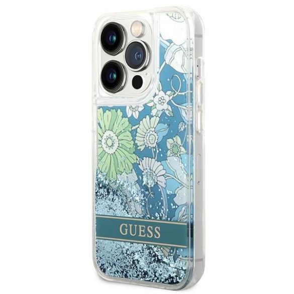 Guess GUHCP14LLFLSN iPhone 14 Pro 6,1" zöld virág folyékony csillogó kristályos keménytok