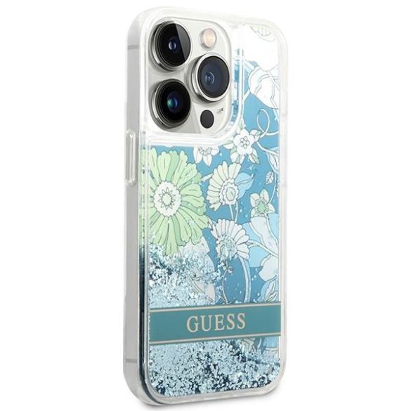Guess GUHCP14LLFLSN iPhone 14 Pro 6,1" zöld virág folyékony csillogó kristályos keménytok