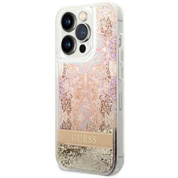 Guess GUHCP14LLFLSD iPhone 14 Pro 6,1" arany Paisley folyékony csillogó kristályos keménytok