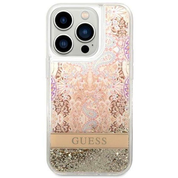 Guess GUHCP14LLFLSD iPhone 14 Pro 6,1" arany Paisley folyékony csillogó kristályos keménytok