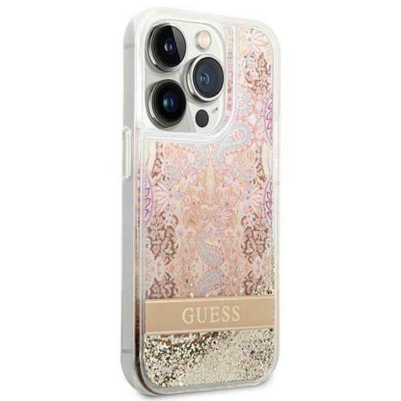 Guess GUHCP14LLFLSD iPhone 14 Pro 6,1" arany Paisley folyékony csillogó kristályos keménytok