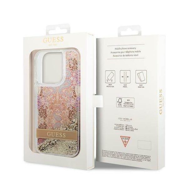 Guess GUHCP14LLFLSD iPhone 14 Pro 6,1" arany Paisley folyékony csillogó kristályos keménytok