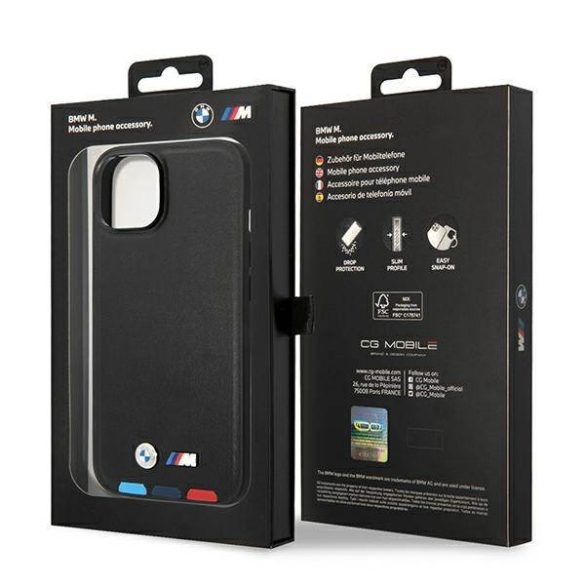 Etui BMW BMHMP14S22PTDK iPhone 14 / 15 / 13 6.1" fekete bőr bélyegző Tricolor Magsafe tok