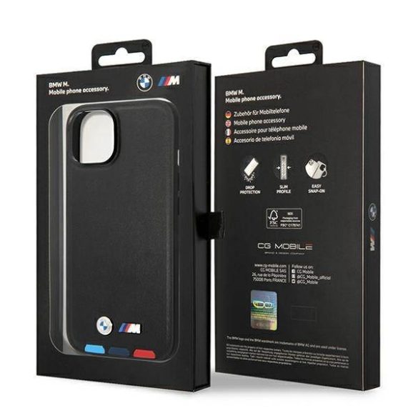 Etui BMW BMHMP14M22PTDK iPhone 14 Plus / 15 Plus 6,7" fekete bőr bélyegző Tricolor Magsafe tok