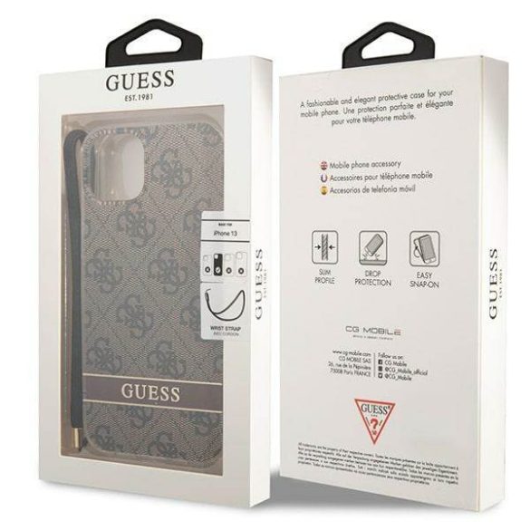 Guess GUOHCP14MH4STW iPhone 14 Plus / 15 Plus 6.7" barna keménytok 4G nyomtatott pánttal