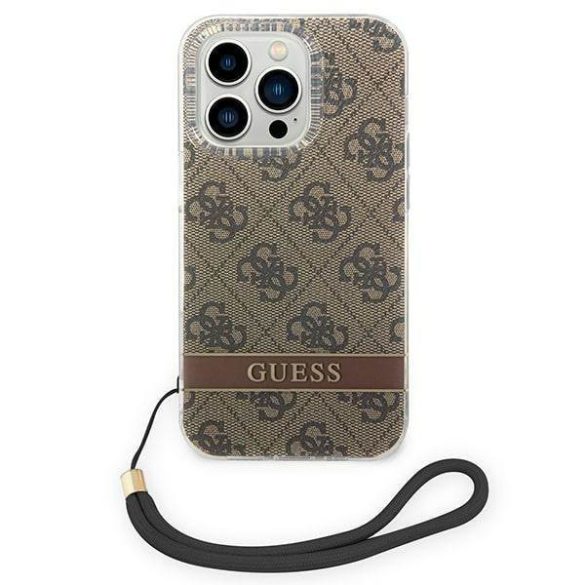 Guess GUOHCP14LH4STW iPhone 14 Pro 6,1" barna 4G Print Strap keménytok