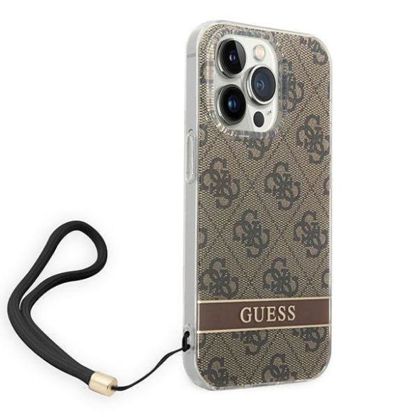 Guess GUOHCP14LH4STW iPhone 14 Pro 6,1" barna 4G Print Strap keménytok